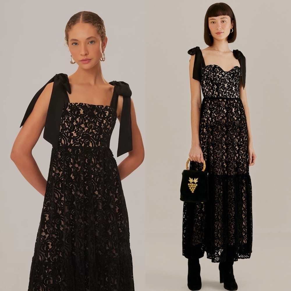 FARM RIO Velvet Lace Sleeveless‎ Ribbon Tie Strap Empire Waist Tiered Gown XS